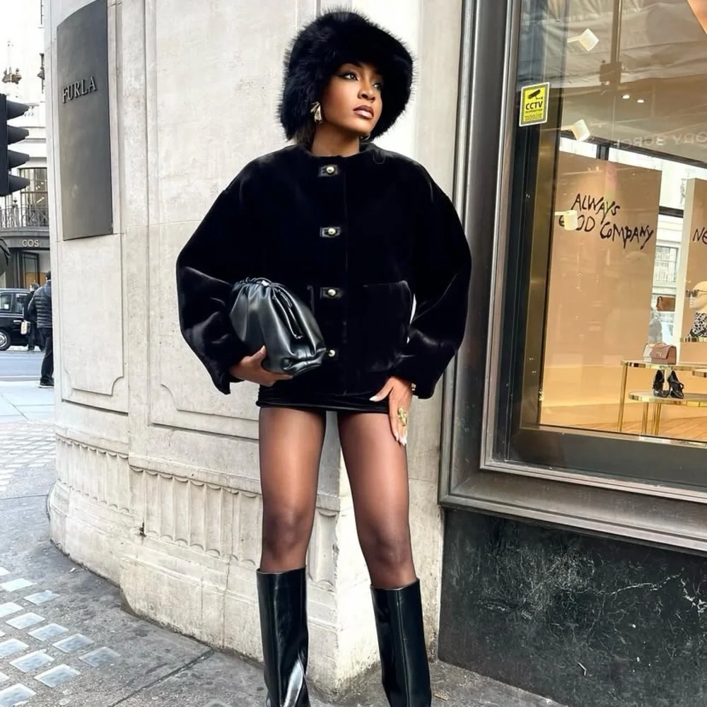 Zara black faux fur jacket with gold buttons - Picture 3 of 12